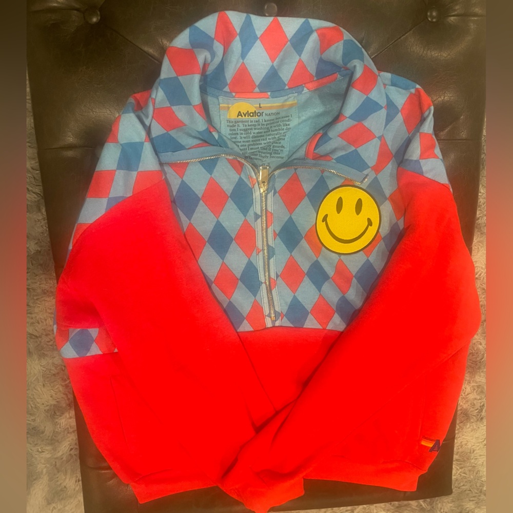 Aviator Nation Diamond Smiley 2 Fleece Half Zip Color Block Sweatshirt